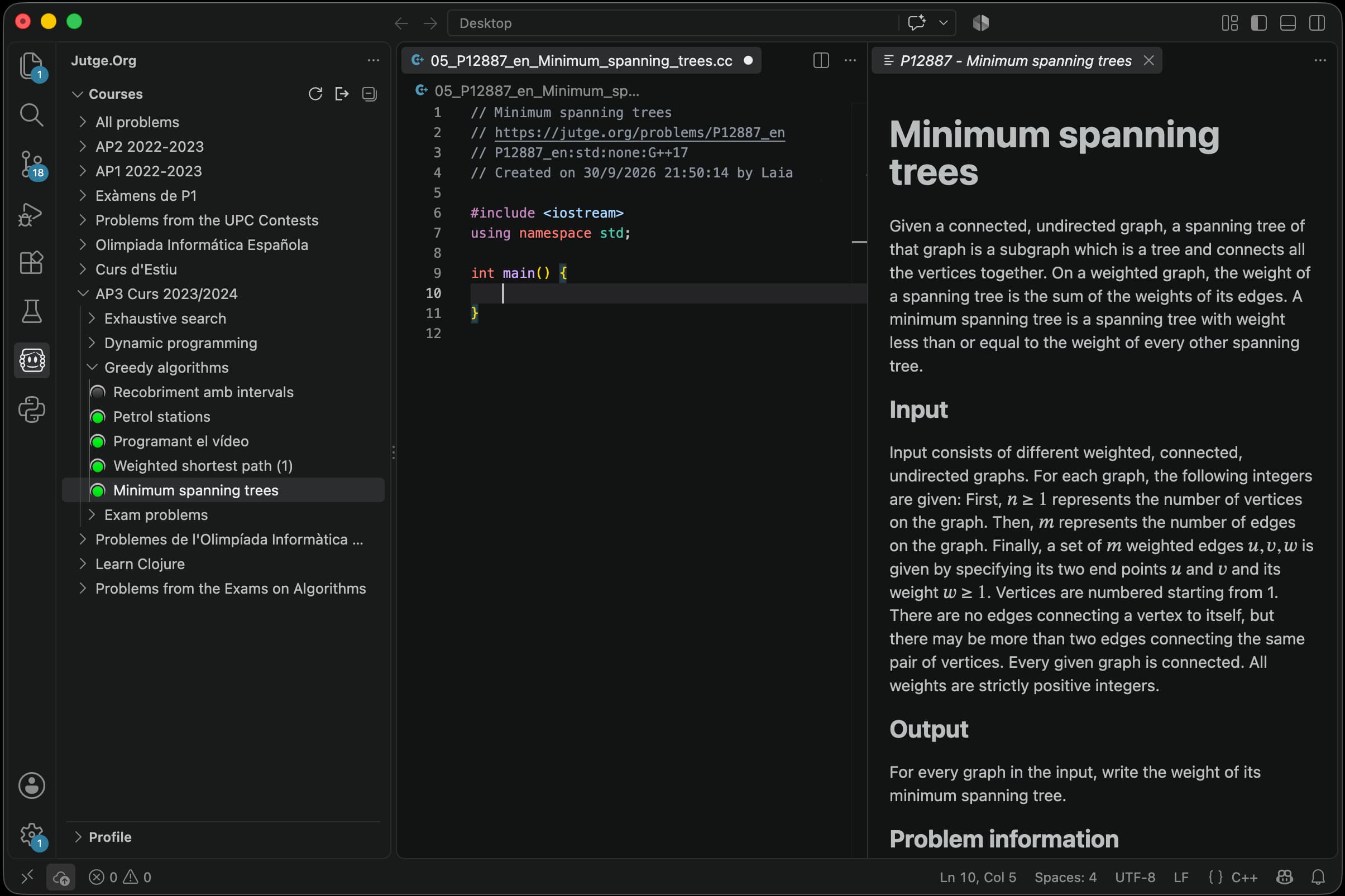 Visual Studio Code with the Jutge.org extension: a course problem list, a C++ editor, and the statement for Minimum spanning trees